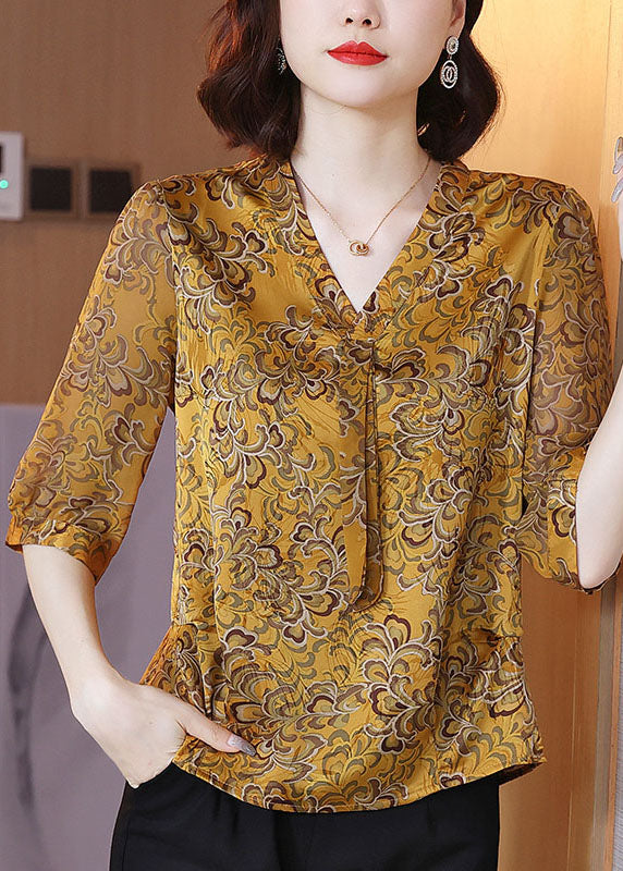 Plus Size Yellow V Neck Ribbon Print Chiffon Shirt Half Sleeve