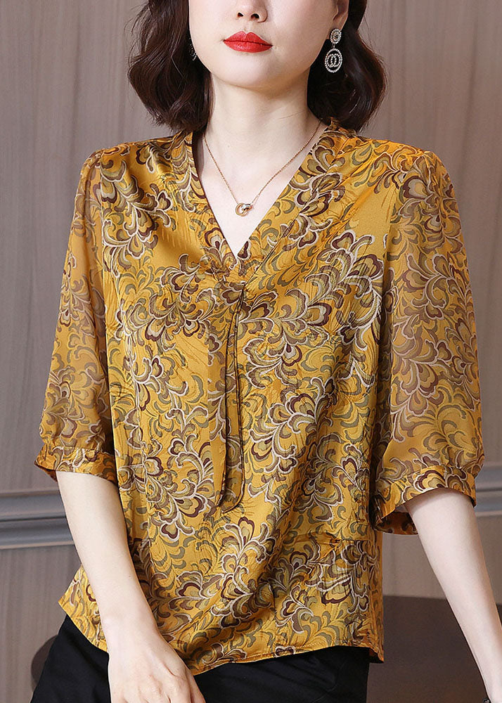 Plus Size Yellow V Neck Ribbon Print Chiffon Shirt Half Sleeve