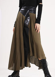 Plus Size army Green Asymmetrical Faux Leather Patchwork Chiffon Skirts Spring