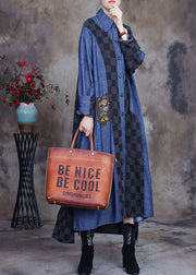 Plus Size denim blue Patchwork Plaid asymmetrical design Fall Coats