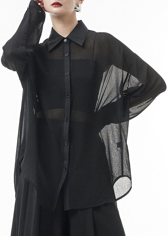 Plus size Black button Peter Pan Collar Patchwork tulle Shirts Spring