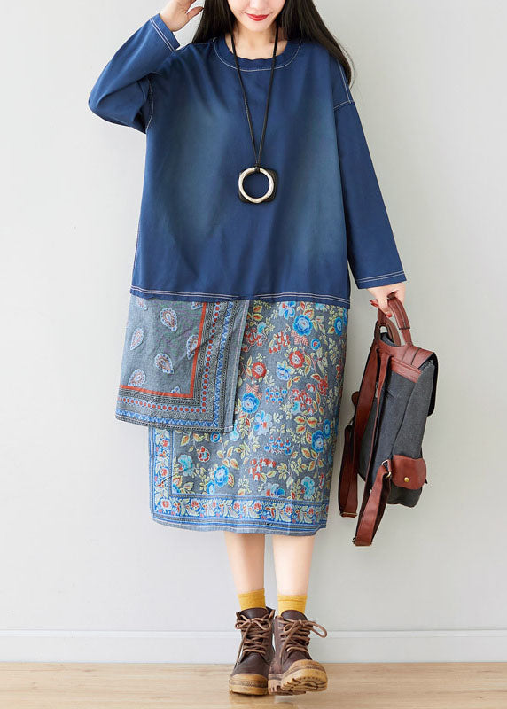 Plus size Blue Patchwork print Sweatshirt dresses Spring