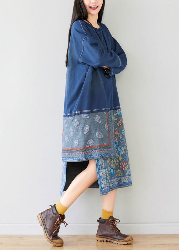 Plus size Blue Patchwork print Sweatshirt dresses Spring