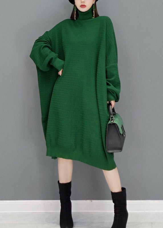 Plus size Green Turtle Neck Knit Sweater dresses Batwing Sleeve