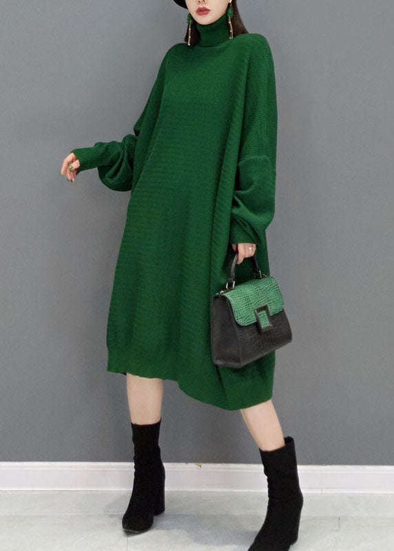 Plus size Green Turtle Neck Knit Sweater dresses Batwing Sleeve