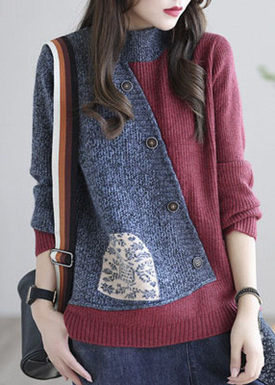 Plus size Red grey Stand Collar Patchwork Knit tops Spring