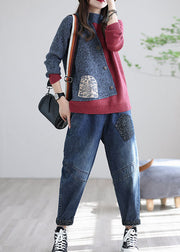 Plus size Red grey Stand Collar Patchwork Knit tops Spring