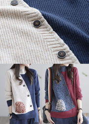 Plus size Red grey Stand Collar Patchwork Knit tops Spring