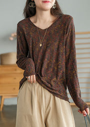 Plus size Chocolate V Neck print Tops Spring