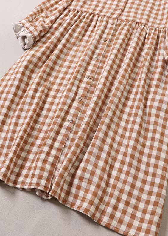 Plus Size Orange Ruffled Pockets Plaid Dress Spring