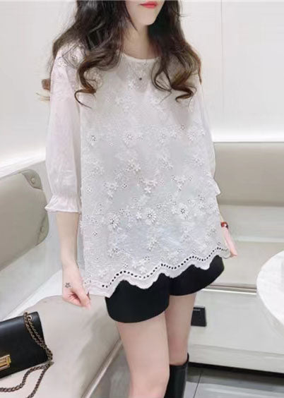 Plus Size White Jacquard Half Sleeve Cotton Blouse Top Summer