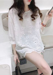 Plus Size White Jacquard Half Sleeve Cotton Blouse Top Summer