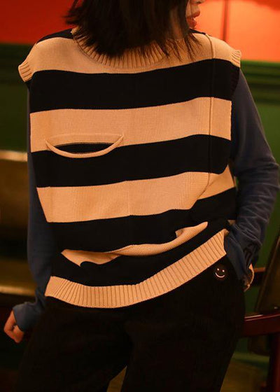 Pullover Chocolate Striped Knit Top Silhouette O Neck Sleeveless Plus Size Knit Tops - SooLinen