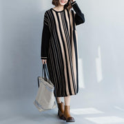 Pullover black striped Sweater dress outfit  Street Style oversized  o neck knit dress