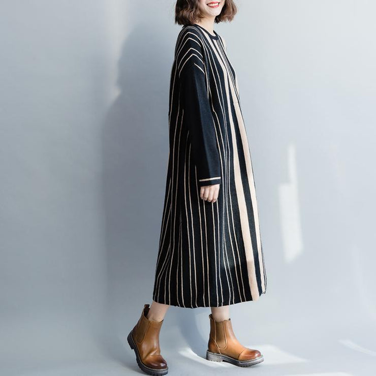 Pullover black striped Sweater dress outfit  Street Style oversized  o neck knit dress