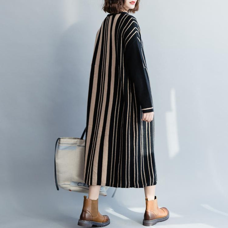 Pullover black striped Sweater dress outfit  Street Style oversized  o neck knit dress