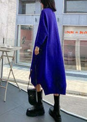 Pullover blue Sweater dress outfit Street Style high neck low high design baggy fall knitted dress - SooLinen