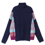 Pullover blue plaid knit tops spring fashion high neck knit blouse - SooLinen