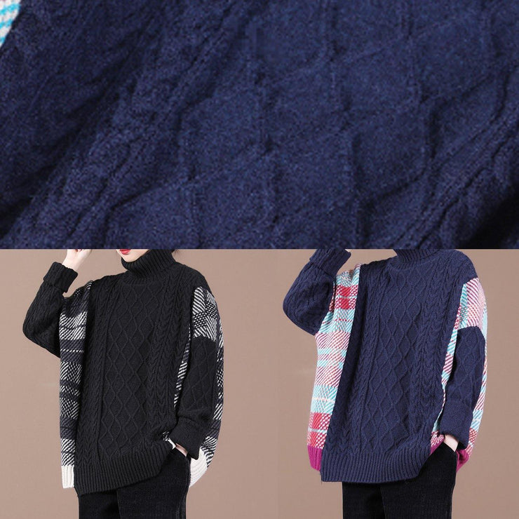 Pullover blue plaid knit tops spring fashion high neck knit blouse - SooLinen