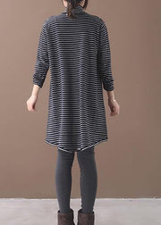 Pullover blue striped knitwear oversize high neck asymmetric knit tops - SooLinen