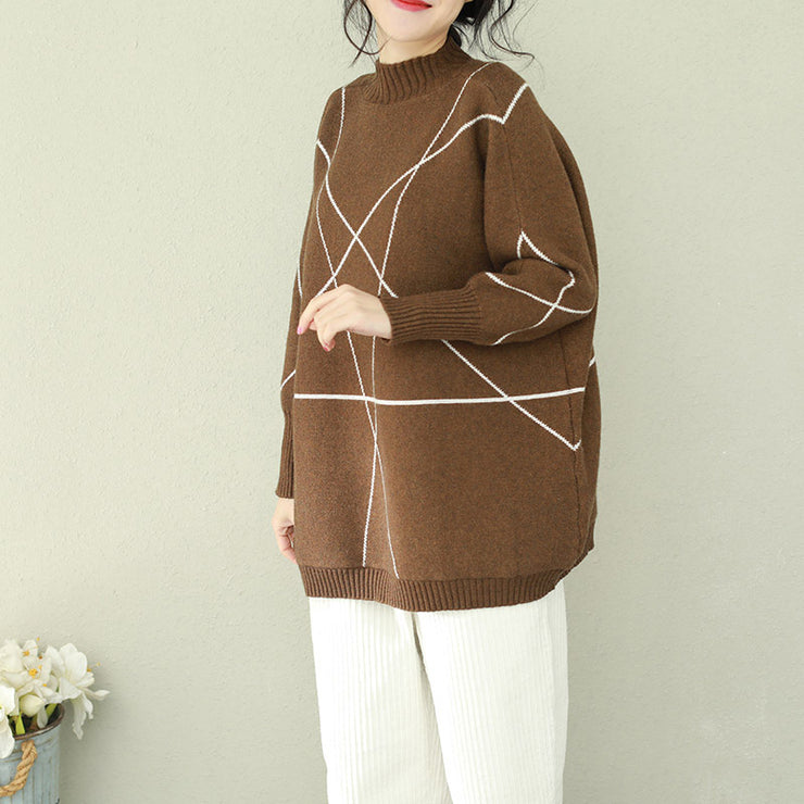 Pullover brown knitted tops plus size o neck knitwear