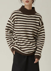 Pullover fall brown striped knit tops Loose fitting high neck knitted pullover - SooLinen