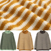 Pullover fall brown striped knit tops Loose fitting high neck knitted pullover - SooLinen