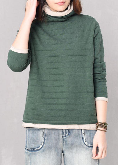 Pullover green knitted blouse plus size high neck knitwear false two pieces - SooLinen