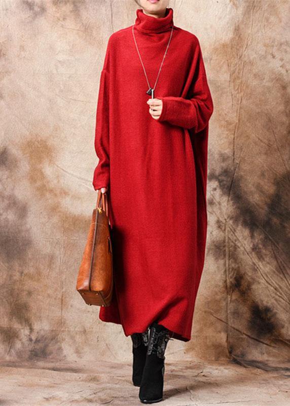 Pullover high neck Sweater dresses plus size red Hipster knitted tops fall - SooLinen