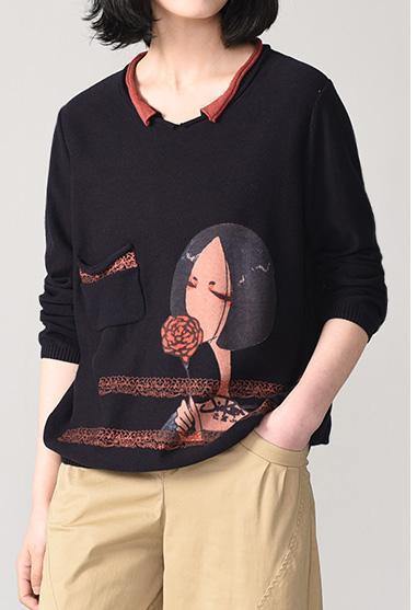 Pullover orange Cartoon print knit blouse fall fashion  knitwear pockets - SooLinen