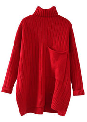 Pullover red clothes For Women one big pockets Loose fitting high neck knitwear - SooLinen