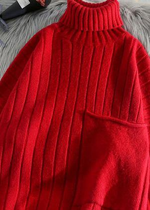 Pullover red clothes For Women one big pockets Loose fitting high neck knitwear - SooLinen