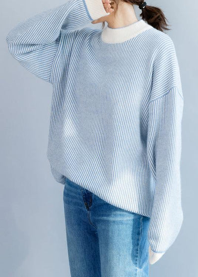 Pullover winter blue white striped knit sweat tops casual high neck crane tops - SooLinen