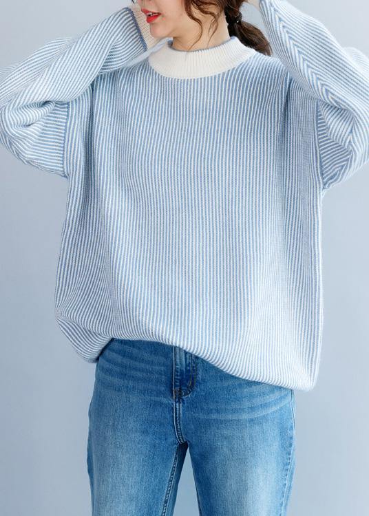 Pullover winter blue white striped knit sweat tops casual high neck crane tops - SooLinen