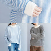 Pullover winter blue white striped knit sweat tops casual high neck crane tops - SooLinen