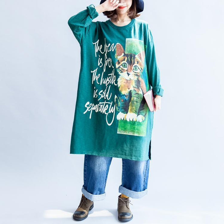 Pure cotton green cat print oversized dresses plus size causal jumpers