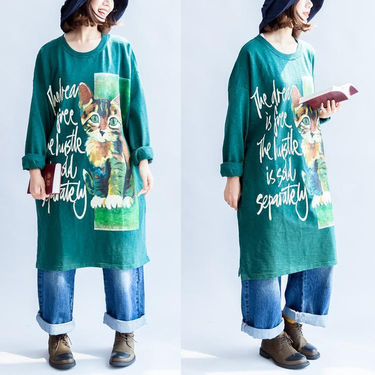 Pure cotton green cat print oversized dresses plus size causal jumpers