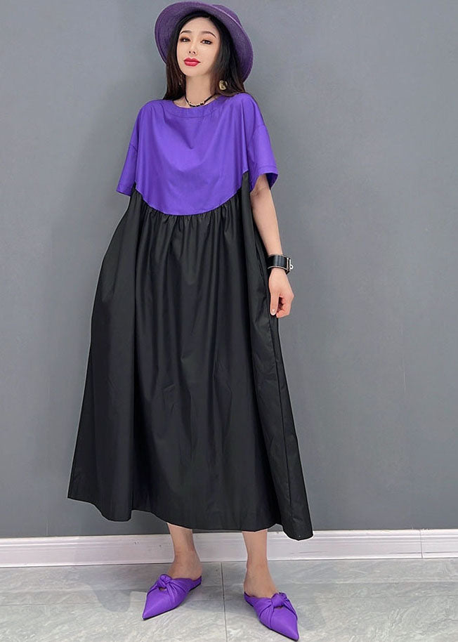 Purple Black Patchwork Cotton Loose Long Dress Wrinkled Short Sleeve