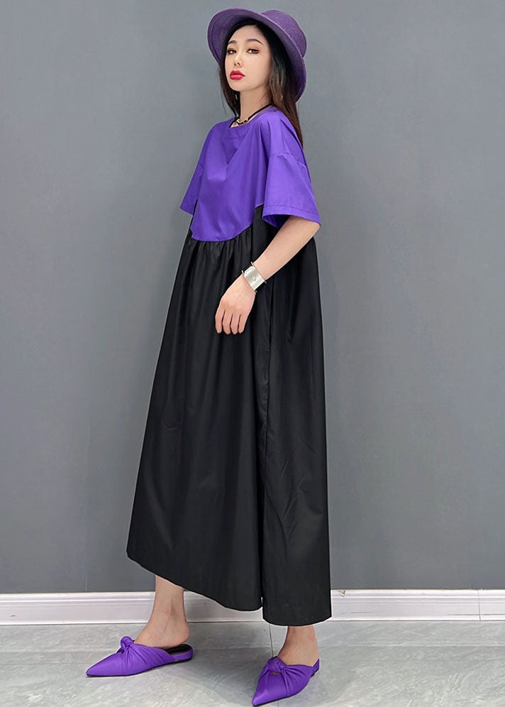 Purple Black Patchwork Cotton Loose Long Dress Wrinkled Short Sleeve