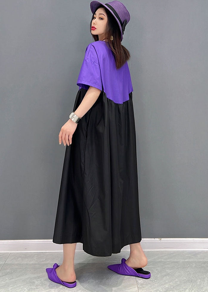 Purple Black Patchwork Cotton Loose Long Dress Wrinkled Short Sleeve