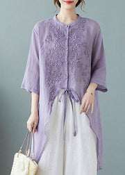 Purple Button Pockets Linen Tops Half Sleeve