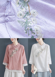 Purple Chinese Style Cotton Blouse Tops Layered Embroideried Three Quarter sleeve