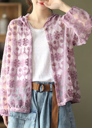 Purple Hollow Out Lace UPF 50+ Coat Cardigan Embroideried Long Sleeve