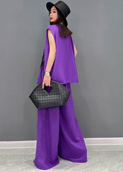 Purple Jacquard Chiffon Vest And Wide Leg Pants Two Pieces Set Elastic Waist Sleeveless