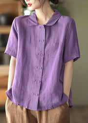 Purple Linen Blouses Peter Pan Collar Pocket Short Sleeve