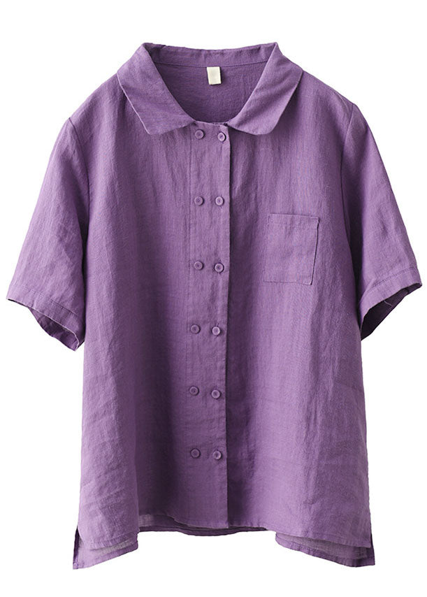 Purple Linen Blouses Peter Pan Collar Pocket Short Sleeve