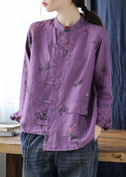 Purple Linen Shirts Top Stand Collar Embroideried Long Sleeve