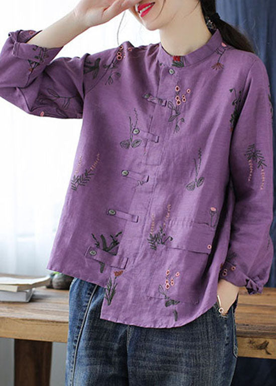 Purple Linen Shirts Top Stand Collar Embroideried Long Sleeve