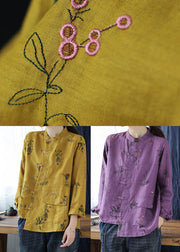 Purple Linen Shirts Top Stand Collar Embroideried Long Sleeve