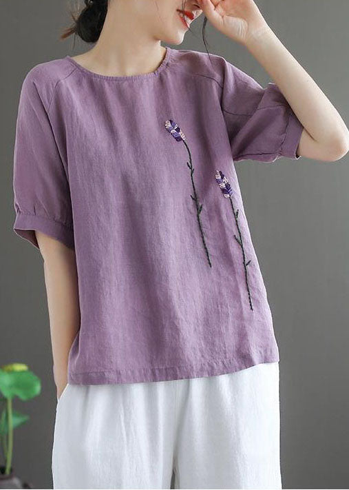 Purple Solid Floral Embroideried Linen Tops O-Neck Short Sleeve